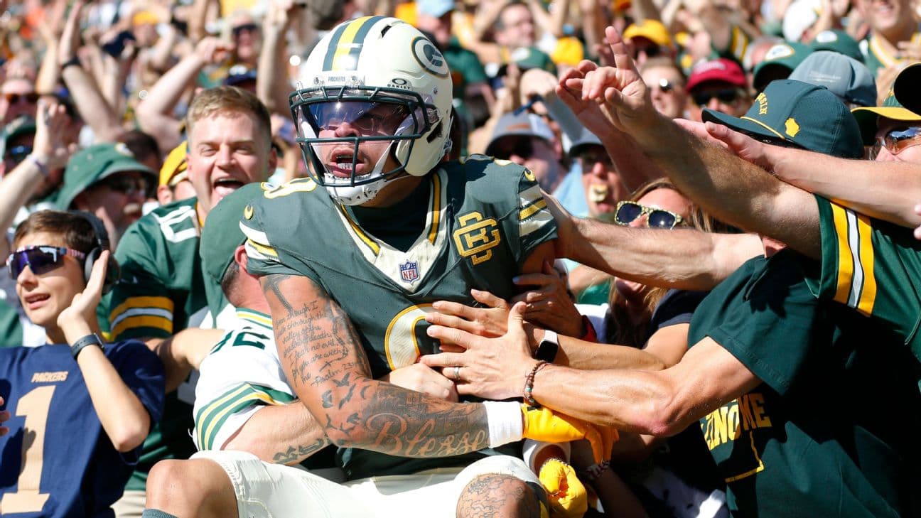 Green Bay Packers wide receiver Christian Watson celebrates a touchdown.