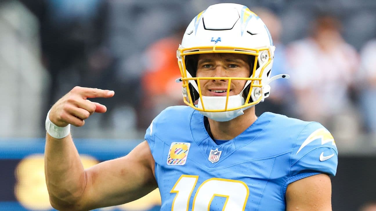 Los Angeles Chargers quarterback Justin Herbert (10) warms up before an NFL football game against the Denver Broncos at SoFi Stadium in Inglewood, California, USA, 11 October 2026.