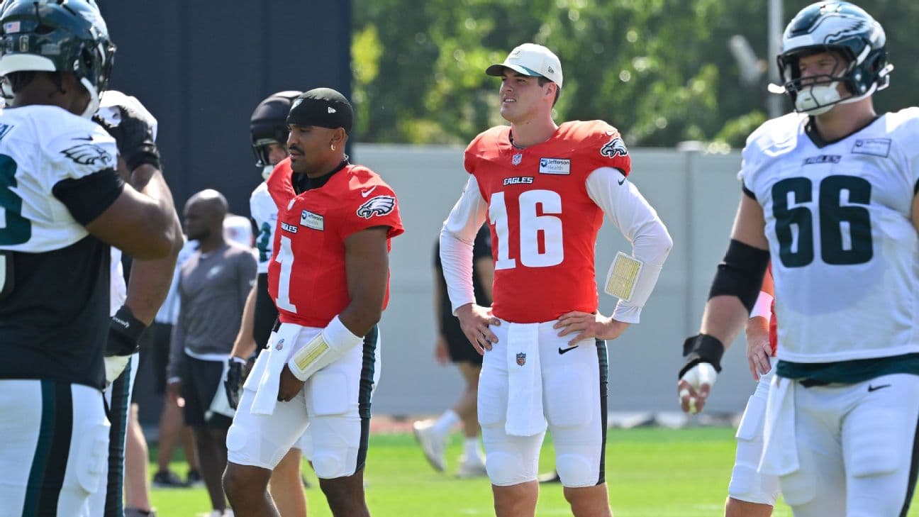 Tanner McKee (right) will start while Jalen Hurts (left) will miss Sunday's game.