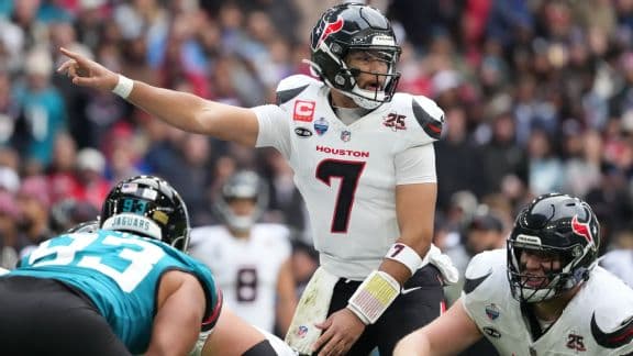 Houston Texans quarterback C.J. Stroud (7) gestures during the first half against the Jacksonville Jaguars at Wembley Stadium.