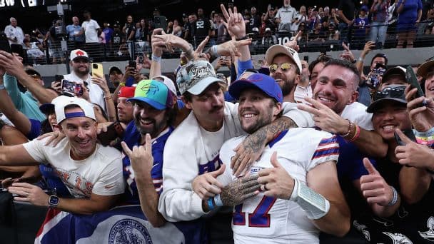 Quarterback Josh Allen celebrates with Buffalo Bills fans after defeating the Las Vegas Raiders to move to 5-1 heading into their Week 7 bye.